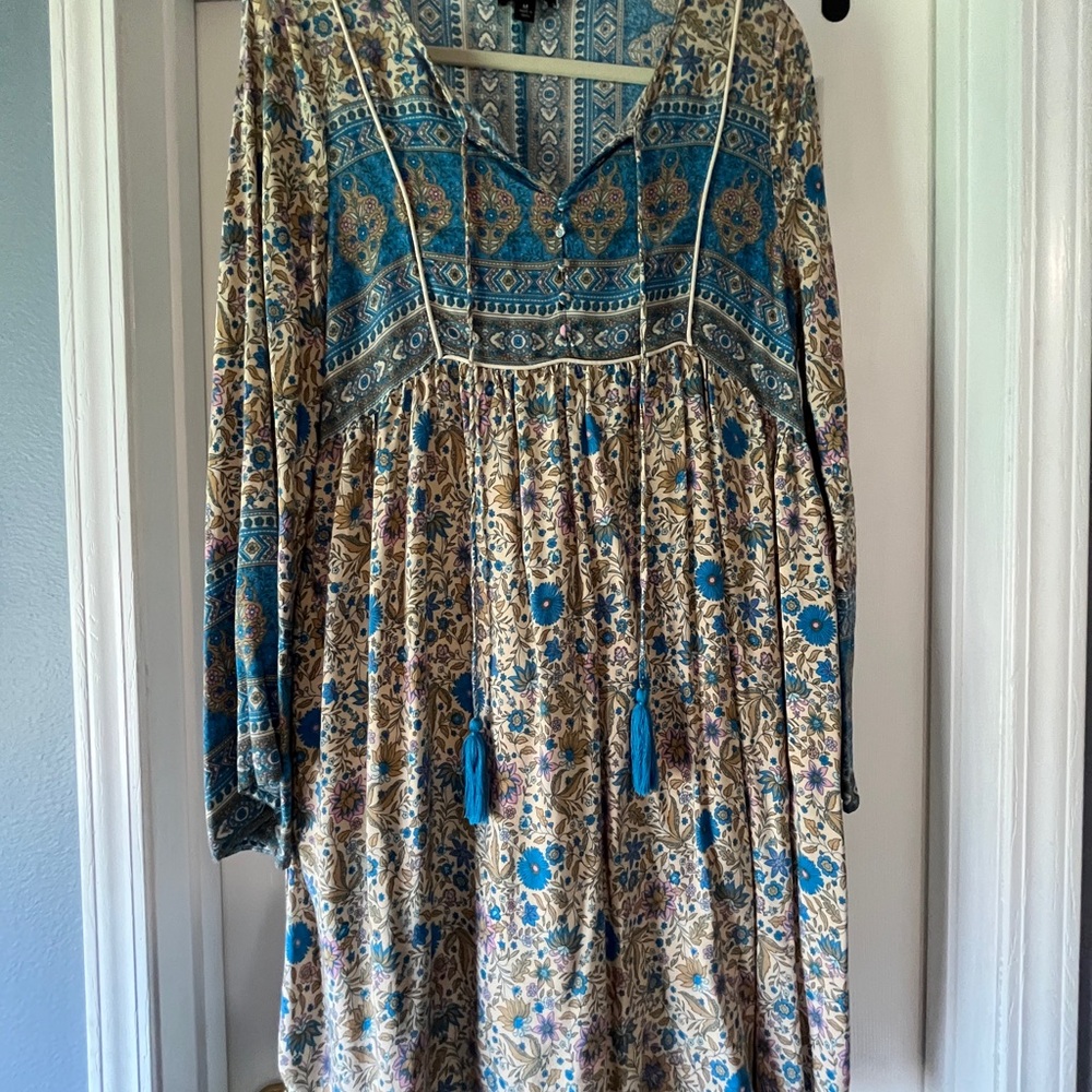 Blue and Brown Long Sleeve Scoop Neck Sundress